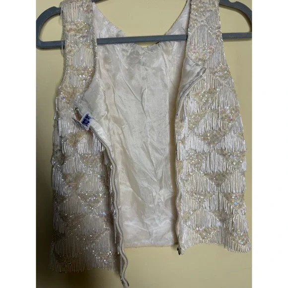 RARE 100% Wool Vtg Hand Beaded Sleeveless Top with Sequins Elegant Fringe Boho - Picture 5 of 11